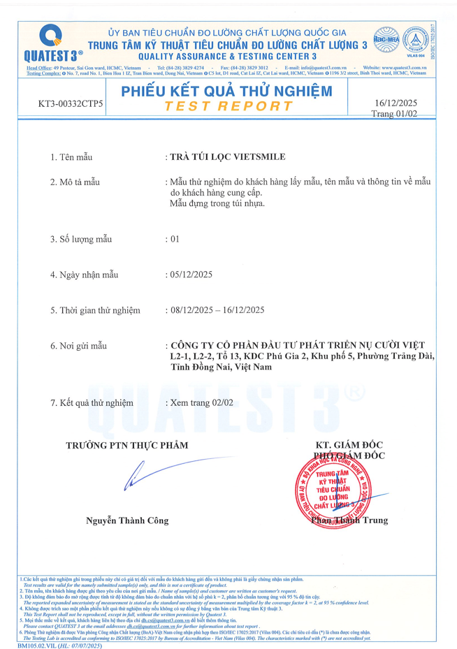 TRÀ TÚI LỌC VIETSMILE – KIỂM NGHIỆM ĐẠT CHUẨN TRÀ TÚI LỌC VIETSMILE – KIỂM NGHIỆM ĐẠT CHUẨN